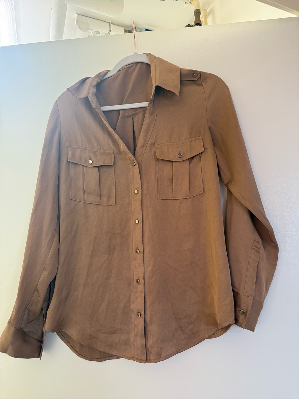Express Button-Front Silk Shirt in Warm Camel